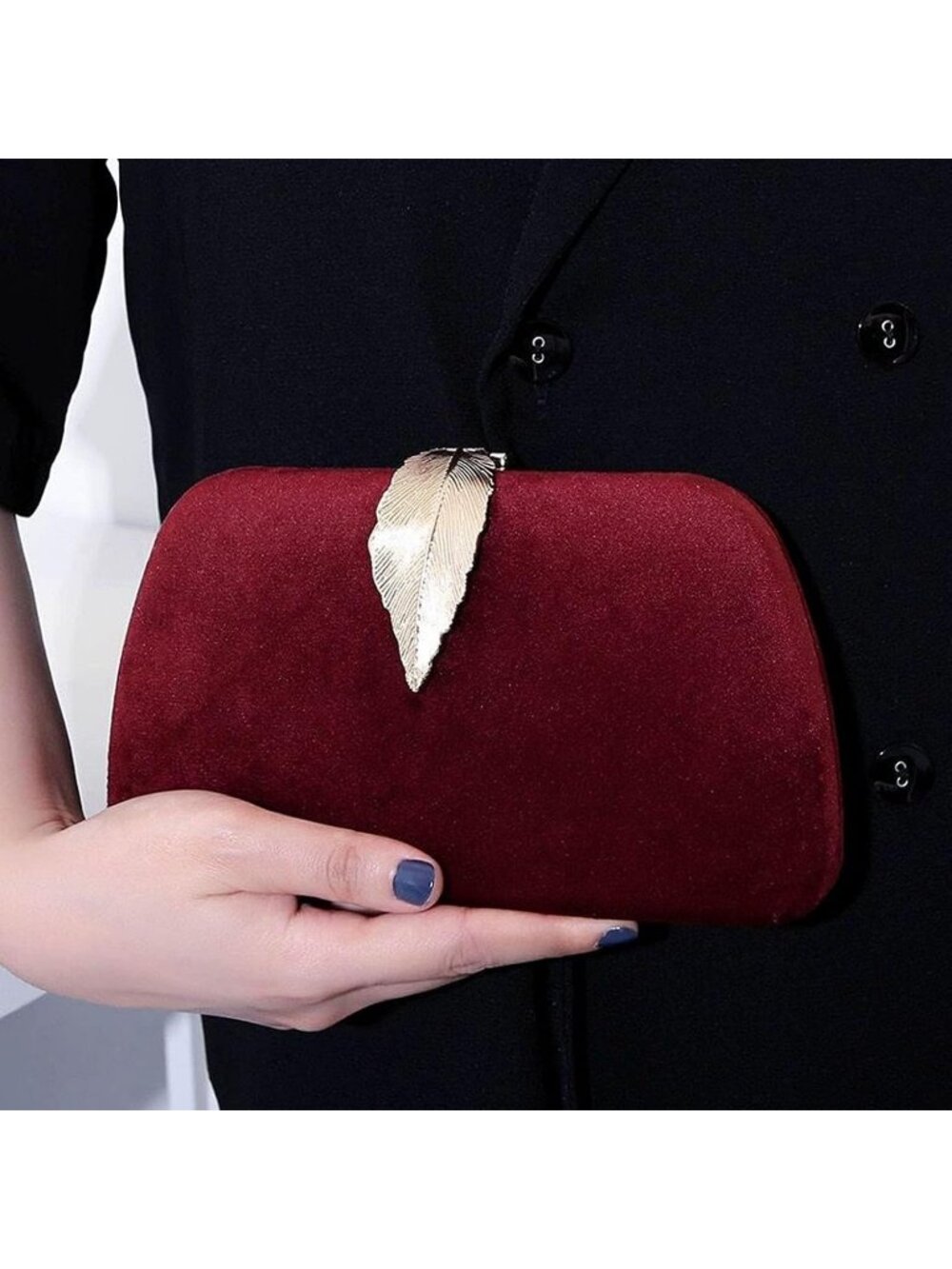 Women's Wine Red Elegant Clutch Purse Metallic Leaves Clasp Banquet Evening Bag - Picture 2 of 6